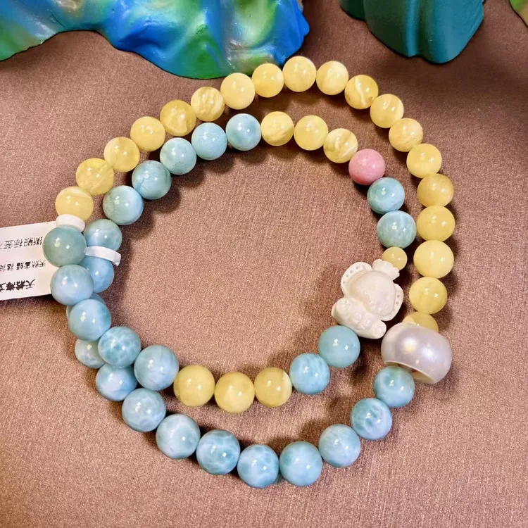 设计款天然海纹石+蜜蜡双圈手串