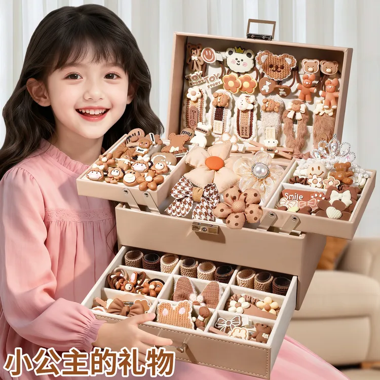 儿童奶咖色高端发饰礼盒小女孩生日礼物饰品发夹刘海夹女千金风