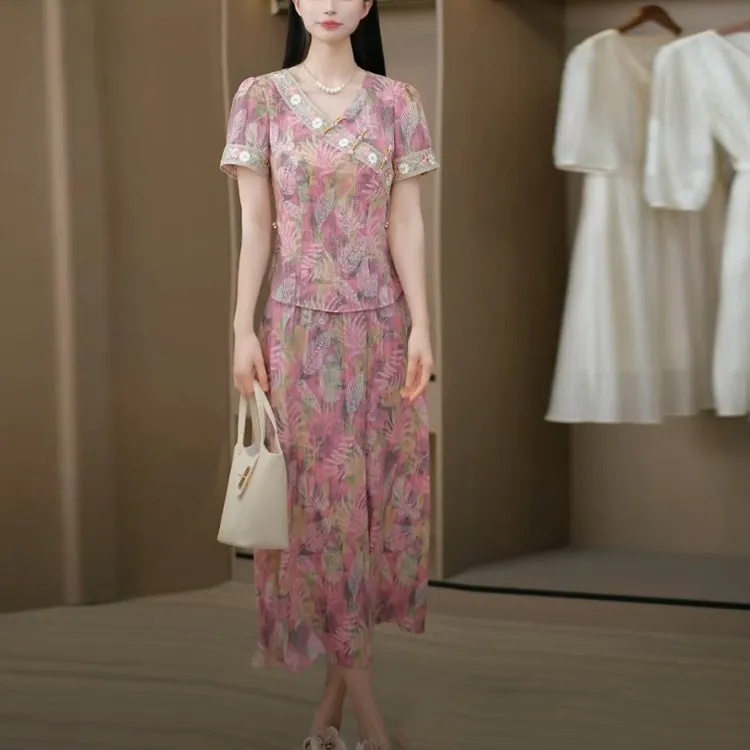 轻羽丝新中式套裙2025夏季新款时尚优雅温婉洋气知性两件套连衣裙