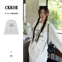 CKKOR美式复古圆领长袖女早秋字母印花纯棉t恤学院风百搭休闲上衣
