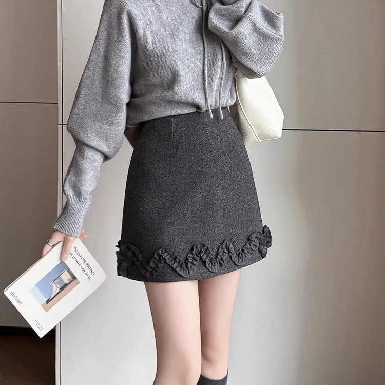 高腰毛呢花边显瘦百搭防走光秋冬款a字半身短裙
