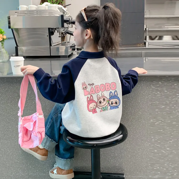 女童秋装卫衣2025新款儿童洋气网红女孩春秋季POLO领拼色卡通上衣