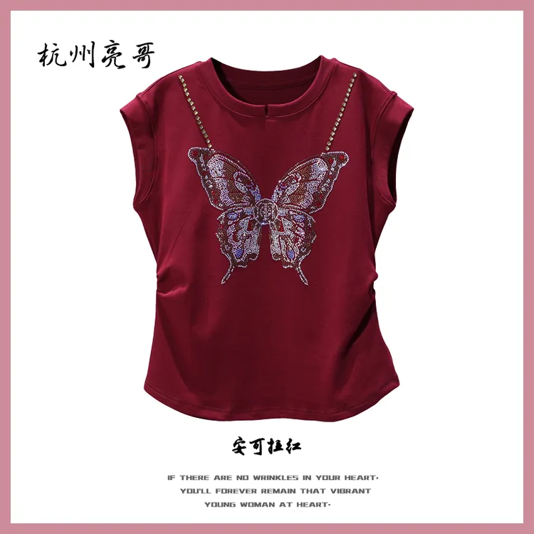【亮哥女装】2025欧版小众设计师安可拉红蝴蝶烫钻休闲短袖9663-C1