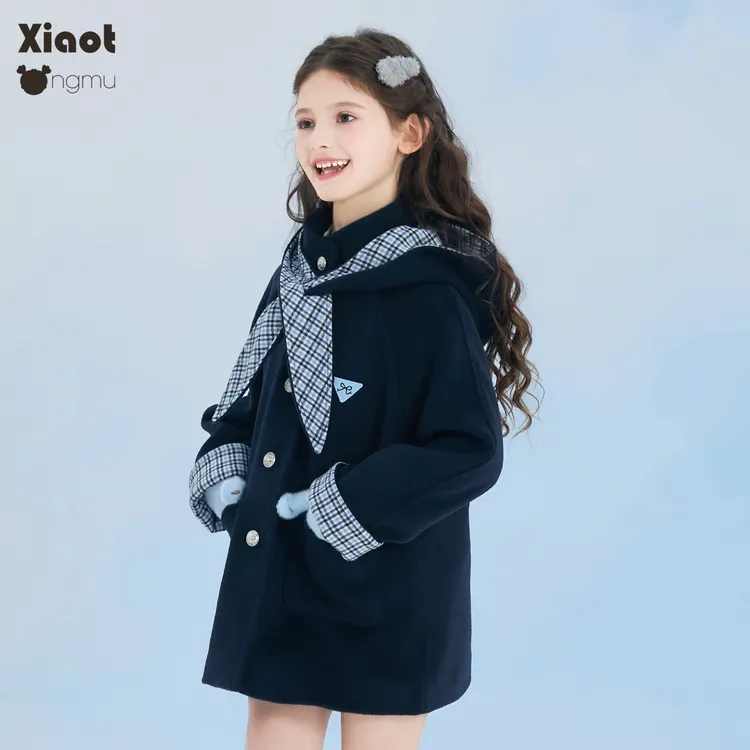 小童木 酷飒学院风女童毛呢大衣冬季新款格纹中大童藏青呢子外套