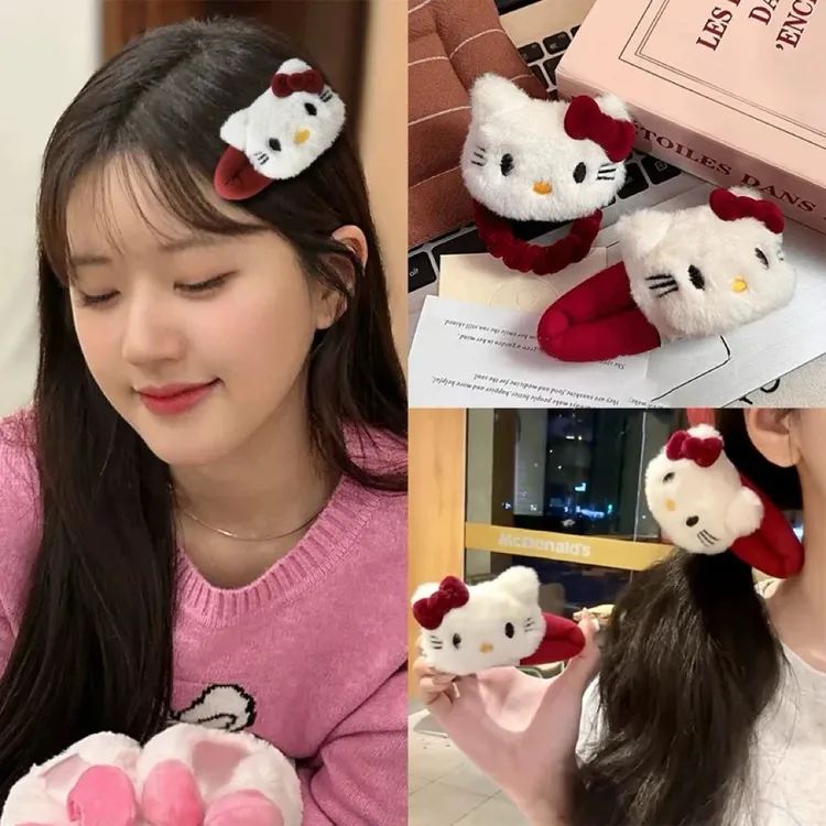 可爱毛绒KT猫发夹甜美酒红少女心BB夹卡通百搭ins刘海夹网红发卡