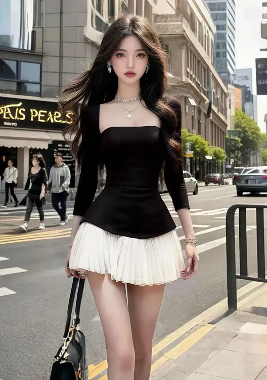 秋季新款时尚温婉静奢优雅黑色方领长袖收腰设计感百褶连衣裙女