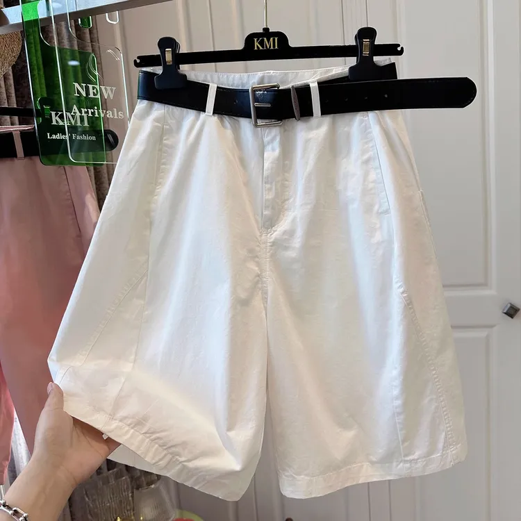 高级感欧洲站松紧腰纯色褶皱短裤百搭女休闲裤宽松阔腿五分裤夏季