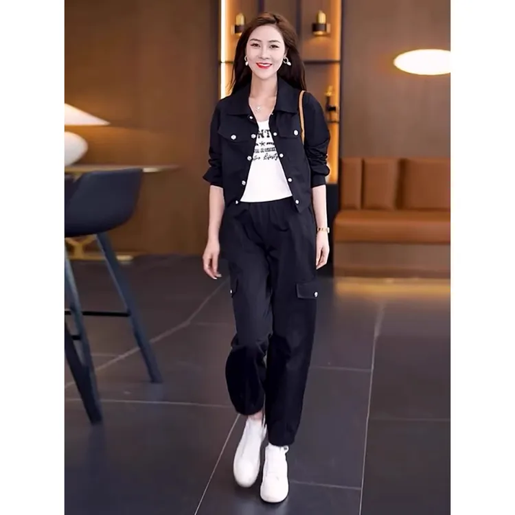 拉夏贝尔休闲套装女2025春秋新款小个子洋气夹克工装束脚裤三件套