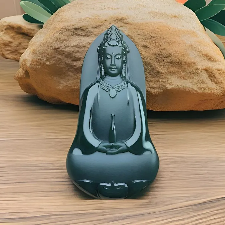 和田玉青玉细料立体观音吊坠双面精工精雕（配绳子）