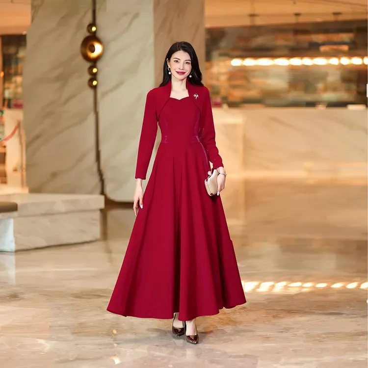 宴会酒红色春秋新款长袖女装大码喜婆婆大摆连衣裙2327婚庆超长