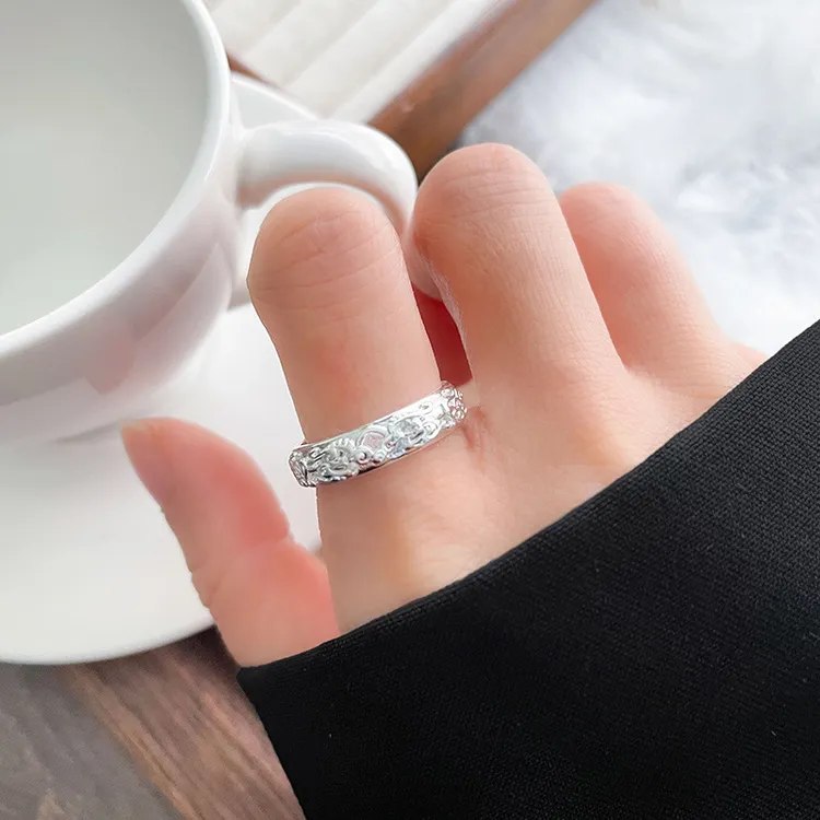 足银玻璃戒指岚芷素银戒指不掉色个性貔貅开口指环ins饰品小众925