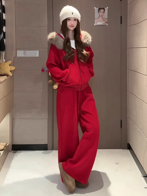 高级感时尚休闲运动套装女秋冬加绒加厚连帽毛领卫衣阔腿裤两件套