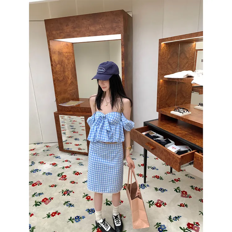 区区欧阳 格子泡泡袖无袖衬衫半身裙套装女夏季设计感小众两件套