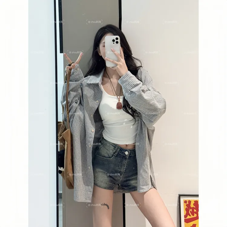 慵懒风2025秋韩系条纹长袖衬衫女宽松休闲衬衣百搭上衣外套设计感