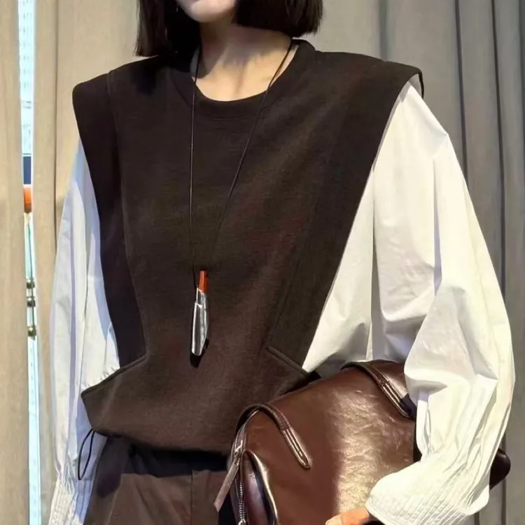 秋季新款圆领假两件拼接长袖衬衫个性潮流休闲风女装上衣时尚百搭