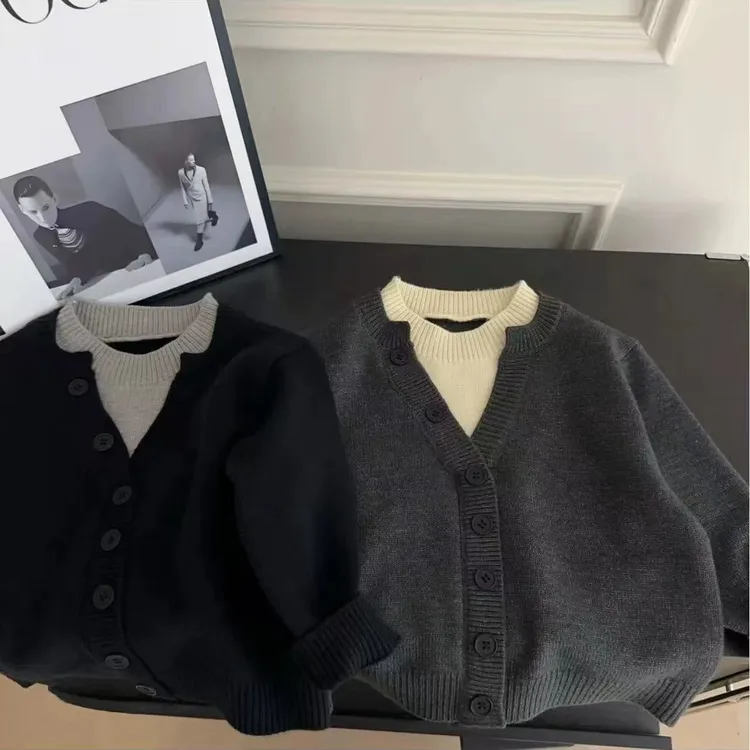 2025秋冬季男童百搭假两件毛衣韩版中大童加厚时尚针织衫