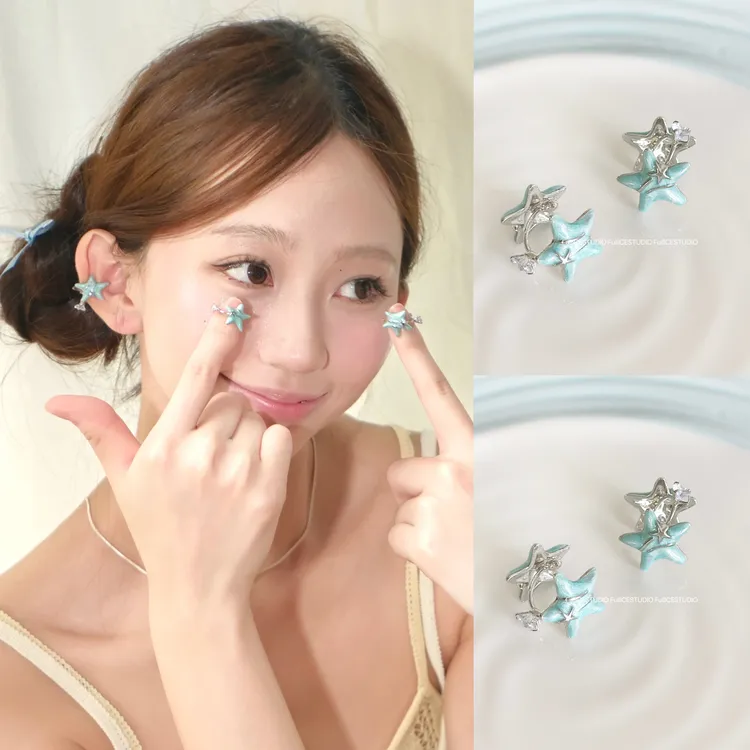合金珐琅耳饰 FULLICESTUDO小星星薄荷绿美拉德配饰珐琅耳骨夹