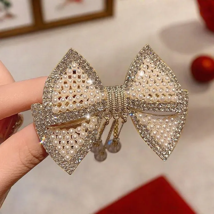 珍珠蝴蝶结流苏弹簧夹气质顶夹水钻高级感发夹头饰后脑勺扎发发卡
