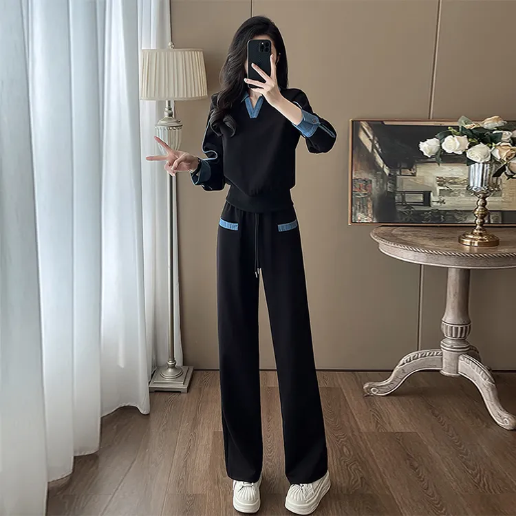 欧货休闲运动套装女秋冬新款时尚黑色翻领套头卫衣阔腿裤两件套潮