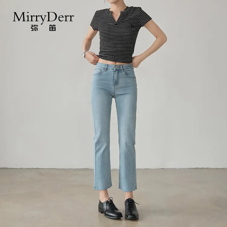 MirryDerr/弥笛小个子毛边直筒牛仔裤女2025夏季修身显瘦烟管裤子