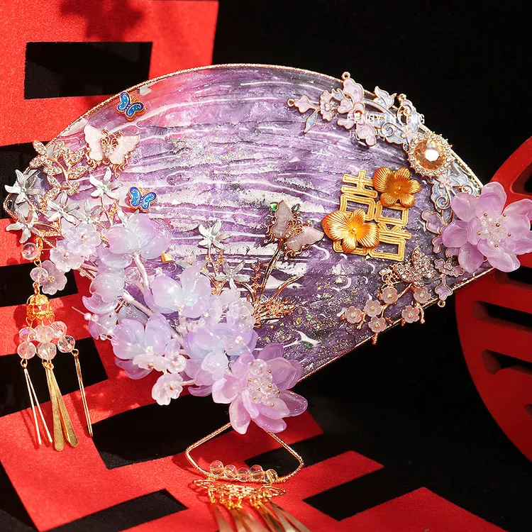 紫色团扇喜扇秀禾旗袍晨袍礼服百搭水凝超仙蝴蝶新娘配饰品中式