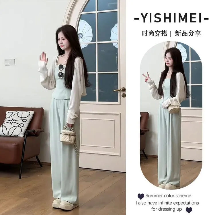 早春温柔穿搭2025年新款时尚韩版百搭吊带开衫上衣休闲裤三件套装