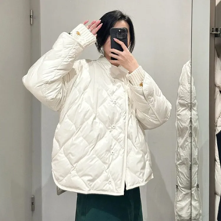 女装宽松版型菱格纹理绗缝羽绒服夹克2025秋冬新品小个子潮流流苏