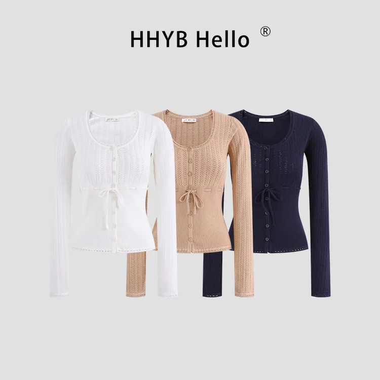 HHYB HelloU领镂空花边纽扣蝴蝶结圆领小开衫收腰系带上衣QM1511