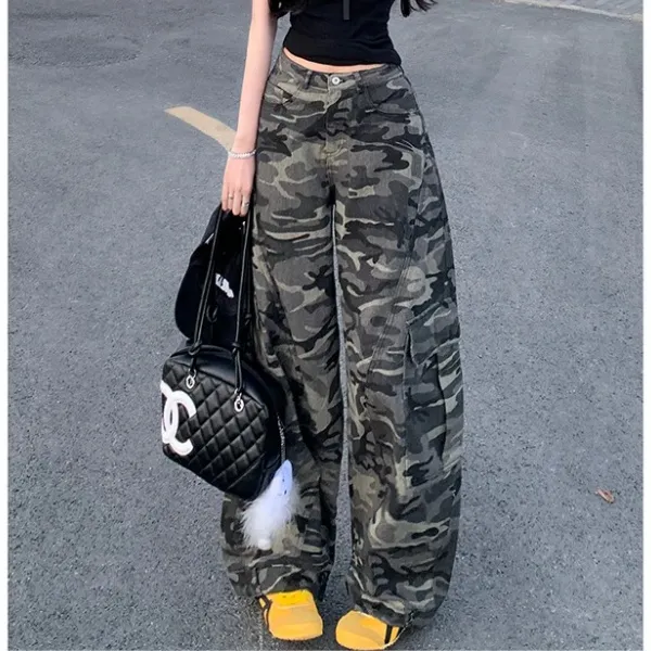 嘻哈风迷彩工装弯刀牛仔裤女2025夏季新款高腰宽松显瘦美式休闲裤
