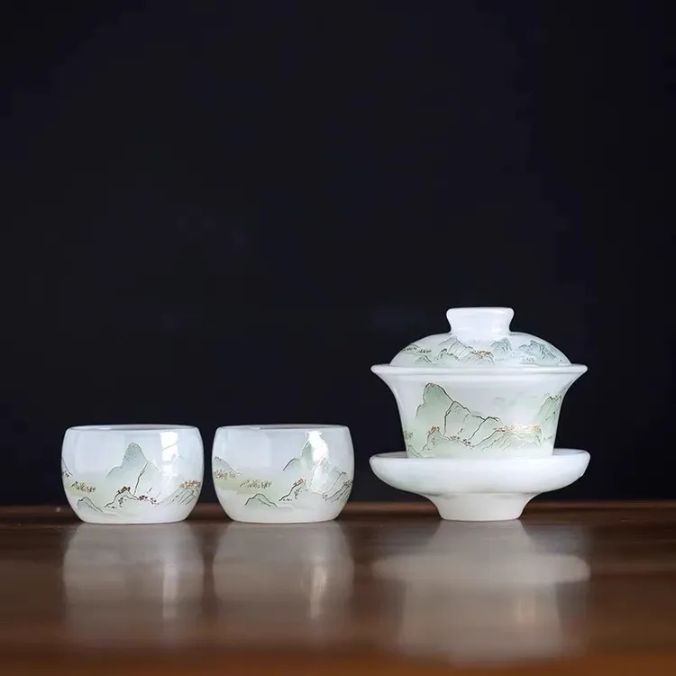 千里江山中式冰种玉瓷琉璃盖碗琉璃杯轻奢中国风茶具茶杯山水图