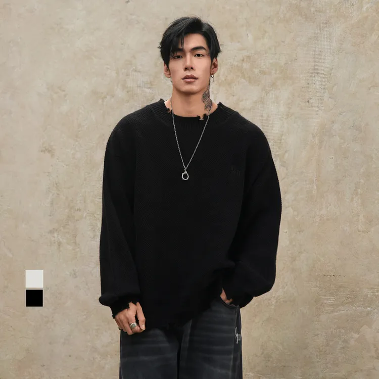 鹿家门秋冬美式休闲破洞套头毛线衣男士大码宽松慵懒风毛衣针织衫