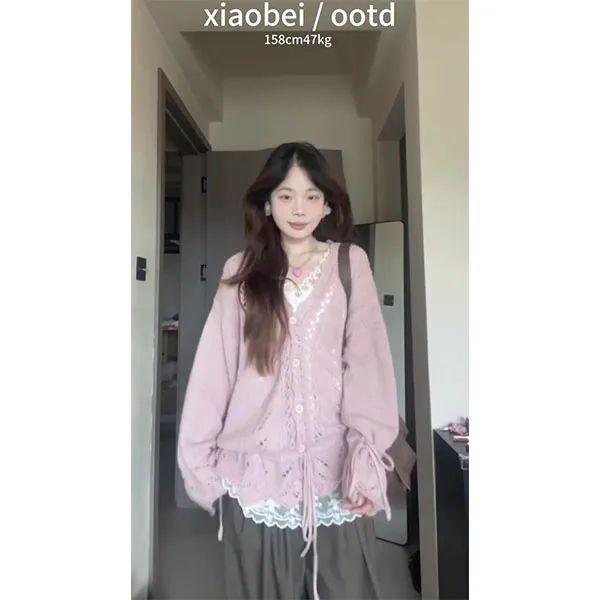 韩系紫色镂空针织开衫女早秋抽绳钩花毛衣宽松上衣内搭裤子套装