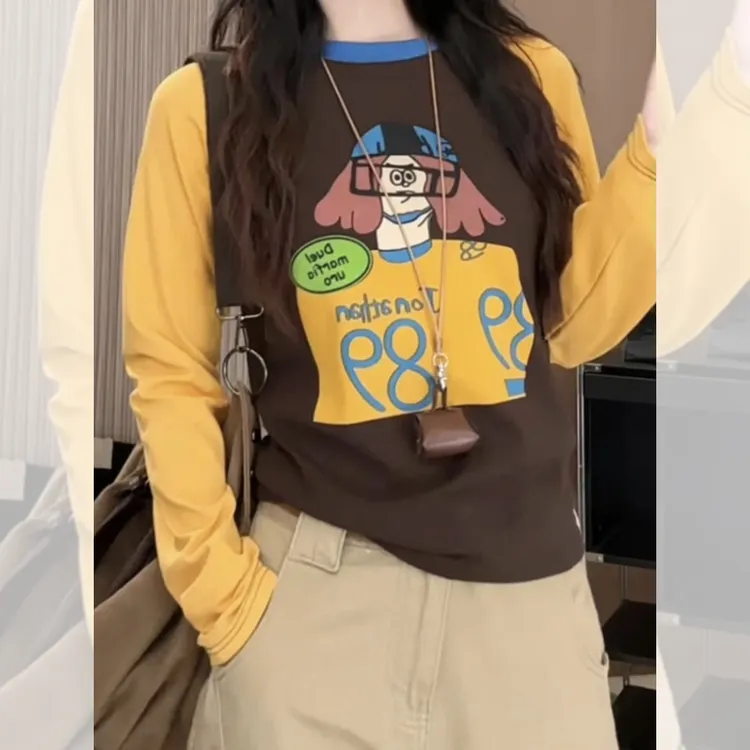 时尚大码女装打底衫上衣2025新款秋冬棉质撞色插肩圆领长袖t恤女