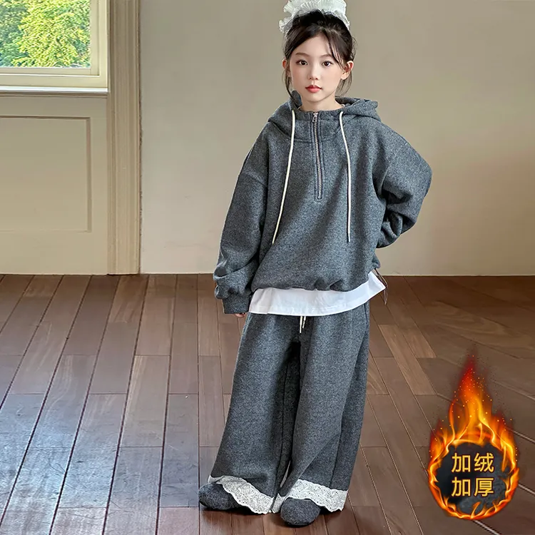 女童秋冬季休闲加绒套装2025新款中大童洋气时尚外套卫裤两件套潮