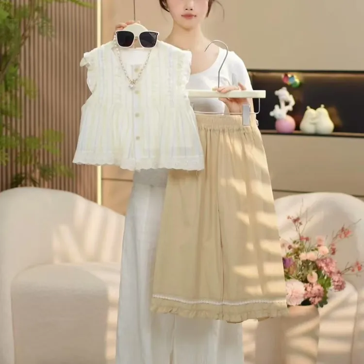 女童套装夏季2025新款韩版洋气儿童飞袖花边衬衫九分阔腿裤两件套