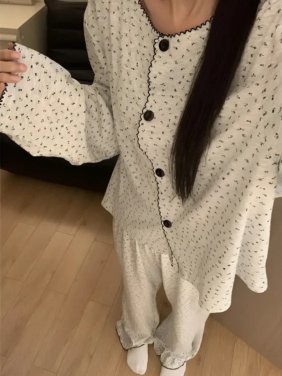 韩系慵懒风设计感碎花长袖睡衣女2025春秋季新款宽松可外穿家居服