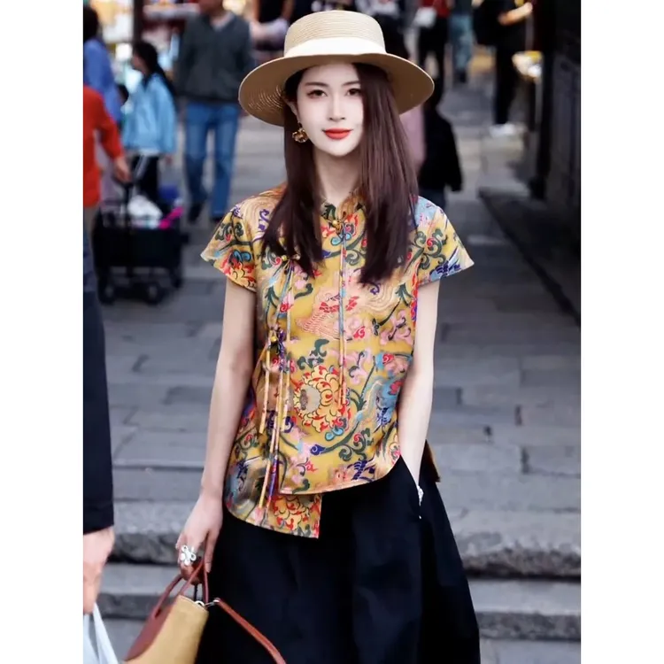 【650】新中式国风立领盘扣短袖衬衫女时尚洋气气质显瘦上衣