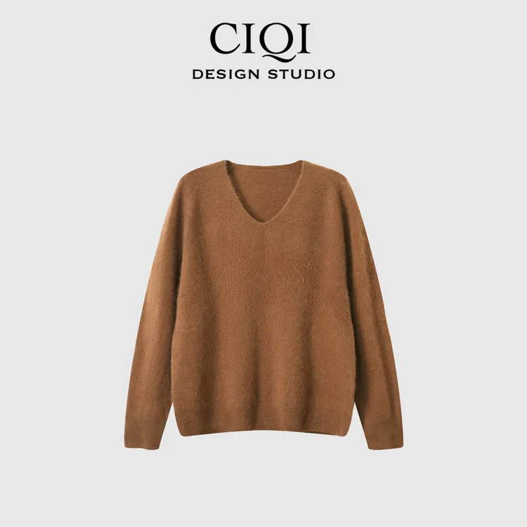 CIQI STUDIO人手三件！进口羊绒羊毛拉绒慵懒纯色V领气质上衣25661