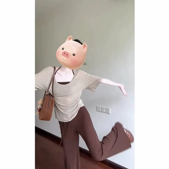 夏季内搭挂脖吊带微透T恤罩衫＋休闲裤时尚三件套装