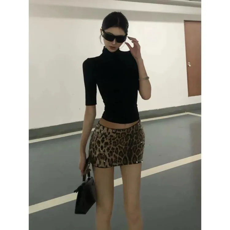 纯欲性感高领紧身弹力显瘦中袖打底衫气质豹纹包臀短裙套装251918