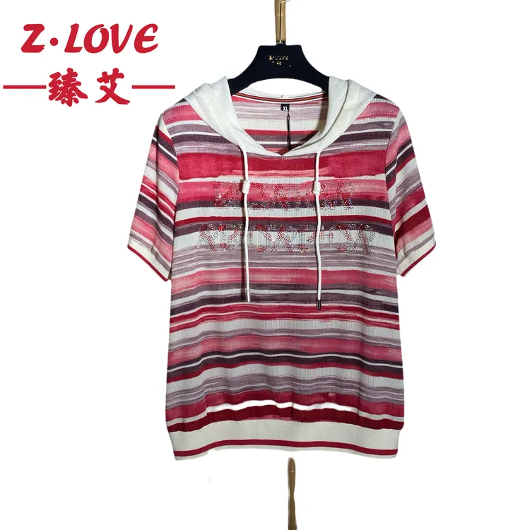【安可拉红彩条】7812红彩条修身短袖撞色条纹印花休闲连帽上衣