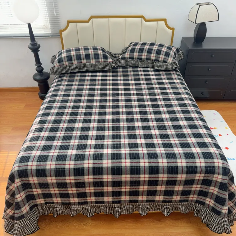 2026新款全棉色织水洗棉高温砂洗床盖枕套同款花边被套格子加厚