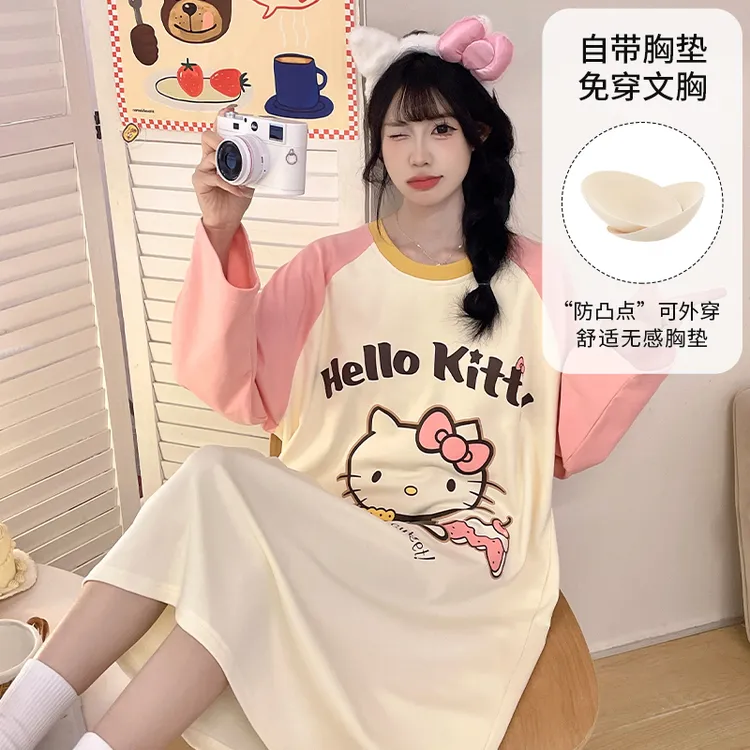 带胸垫睡衣女春秋网红爆款卡通长袖睡裙大码宽松连衣裙休闲家居服