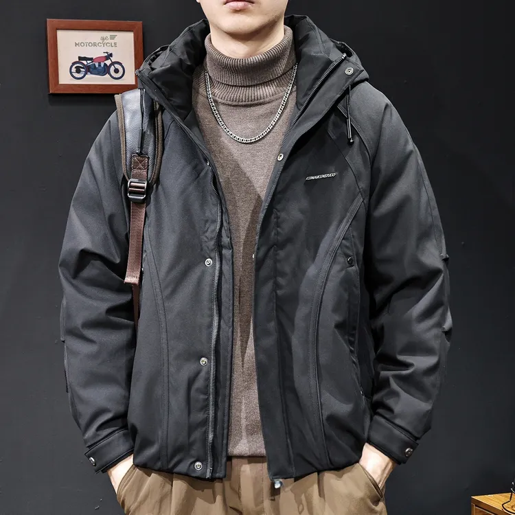 白鸭绒连帽羽绒服男2026秋冬季新款保暖潮牌工装休闲外套宽松大码