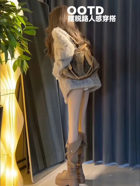 月影少女 立领染尖保暖短款毛毛外套女装飘带衬衫+蓬蓬短裙两件套