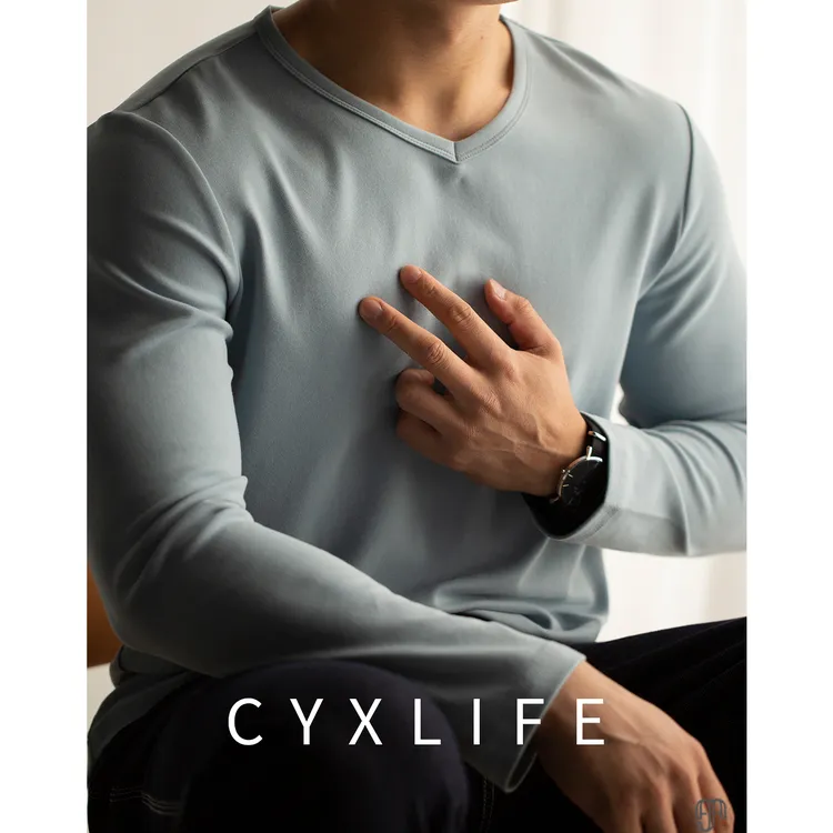 棉的下一站~保暖新疆长绒棉亲肤蓝色t恤男长袖V领打底衫男冬季厚