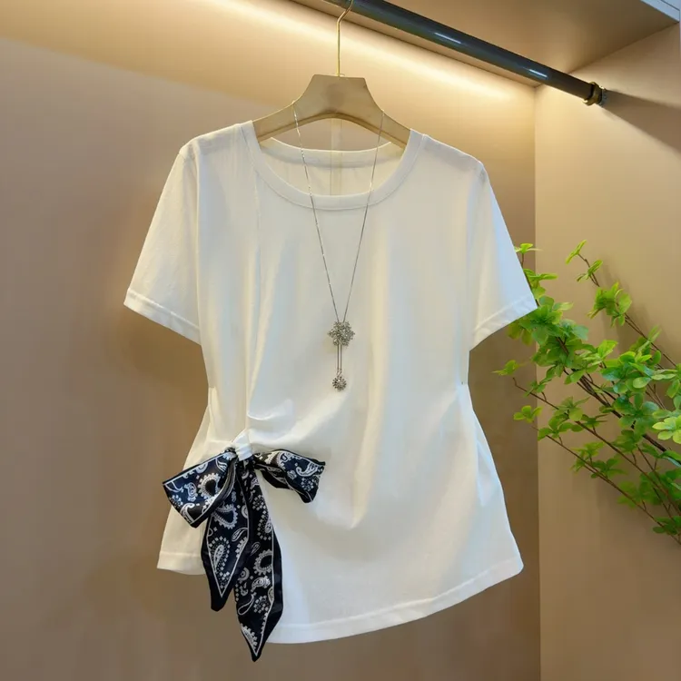 夏季新款圆领百搭时尚系带蝴蝶结设计感短袖减龄上衣（长左右）