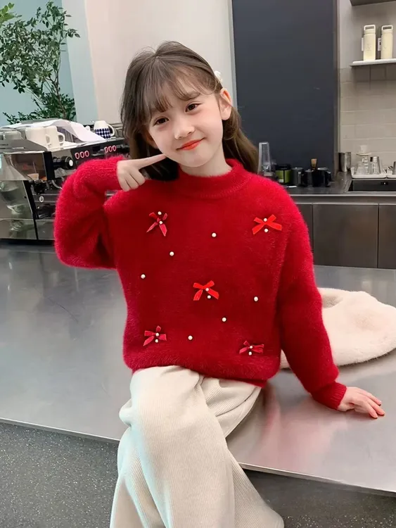 不起球水貂绒女童针织衫冬装纯色圆领加绒加厚款大童毛衣休闲风