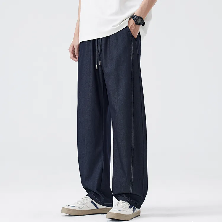 夏季阳离子冰丝休闲裤男士潮流垂感弯刀直筒裤宽松凉感长裤子薄款