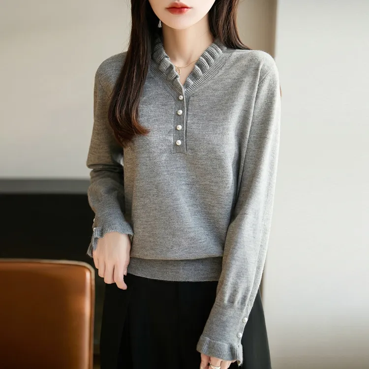 品牌撤柜法式温柔风木耳边V领羊毛针织衫女时尚2025新款内搭保暖